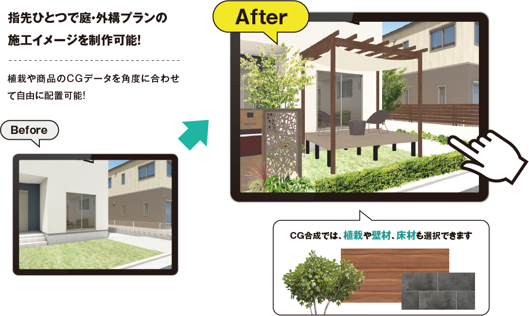 指先ひとつで庭・外構プランの施工イメージを制作可能！